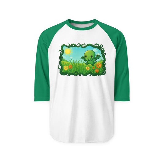 Kawaii Cthulhu Meadow Raglan Tee - Cute Eldritch Floral 3/4 Sleeve Shirt