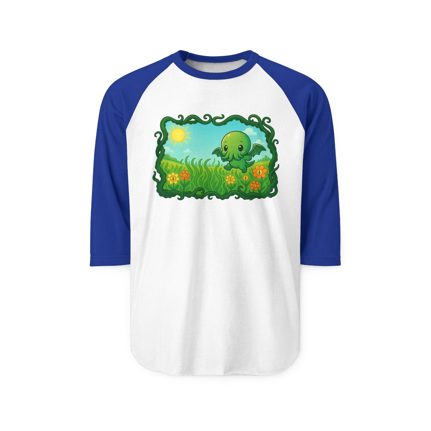 Kawaii Cthulhu Meadow Raglan Tee - Cute Eldritch Floral 3/4 Sleeve Shirt