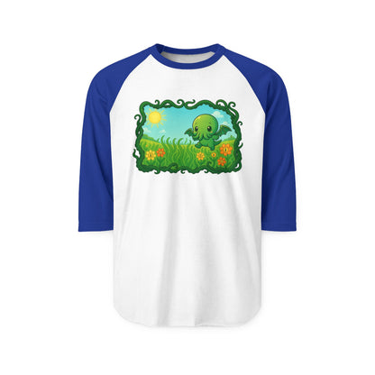 Kawaii Cthulhu Meadow Raglan Tee - Cute Eldritch Floral 3/4 Sleeve Shirt