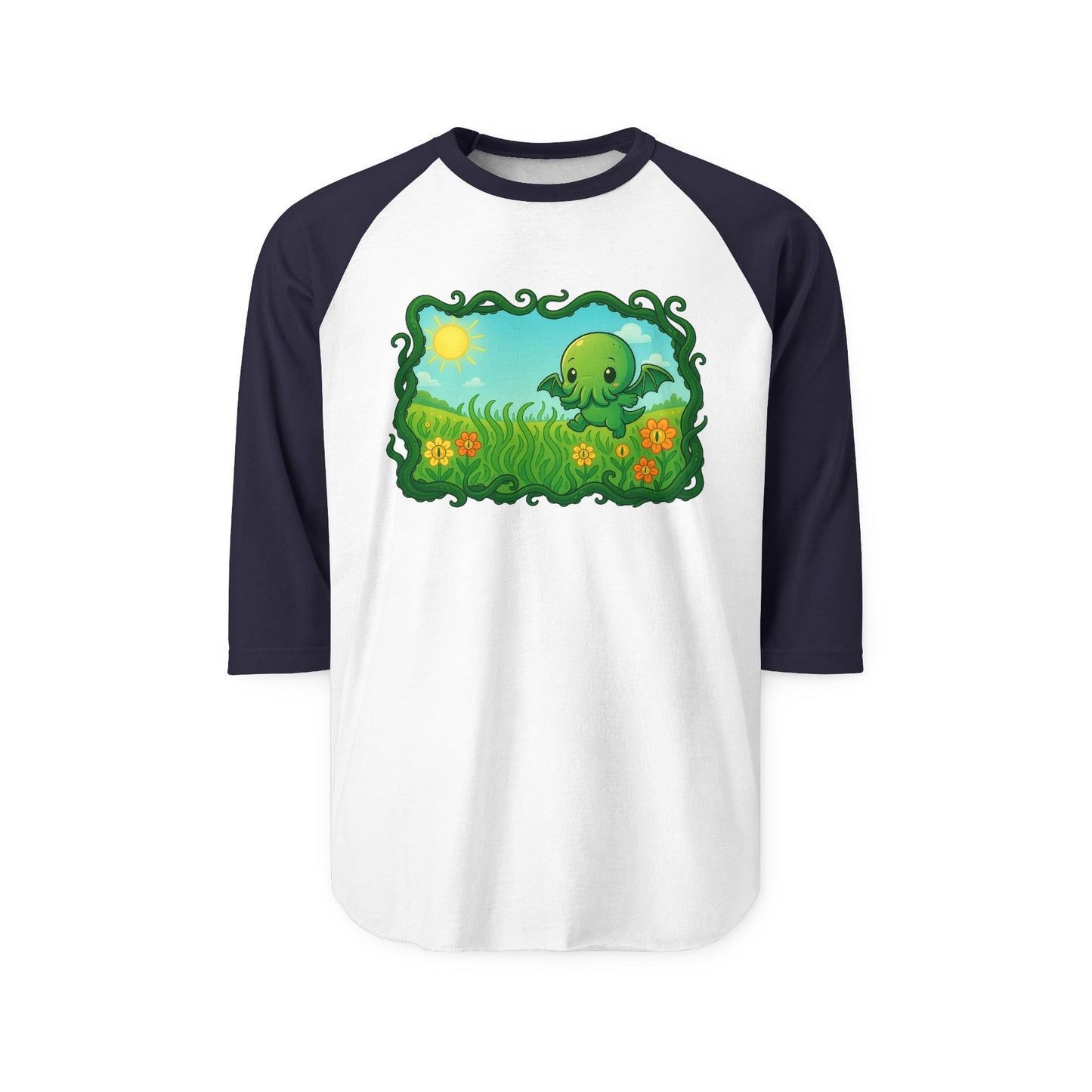 Kawaii Cthulhu Meadow Raglan Tee - Cute Eldritch Floral 3/4 Sleeve Shirt