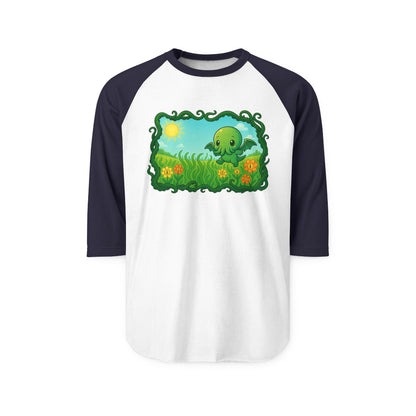 Kawaii Cthulhu Meadow Raglan Tee - Cute Eldritch Floral 3/4 Sleeve Shirt