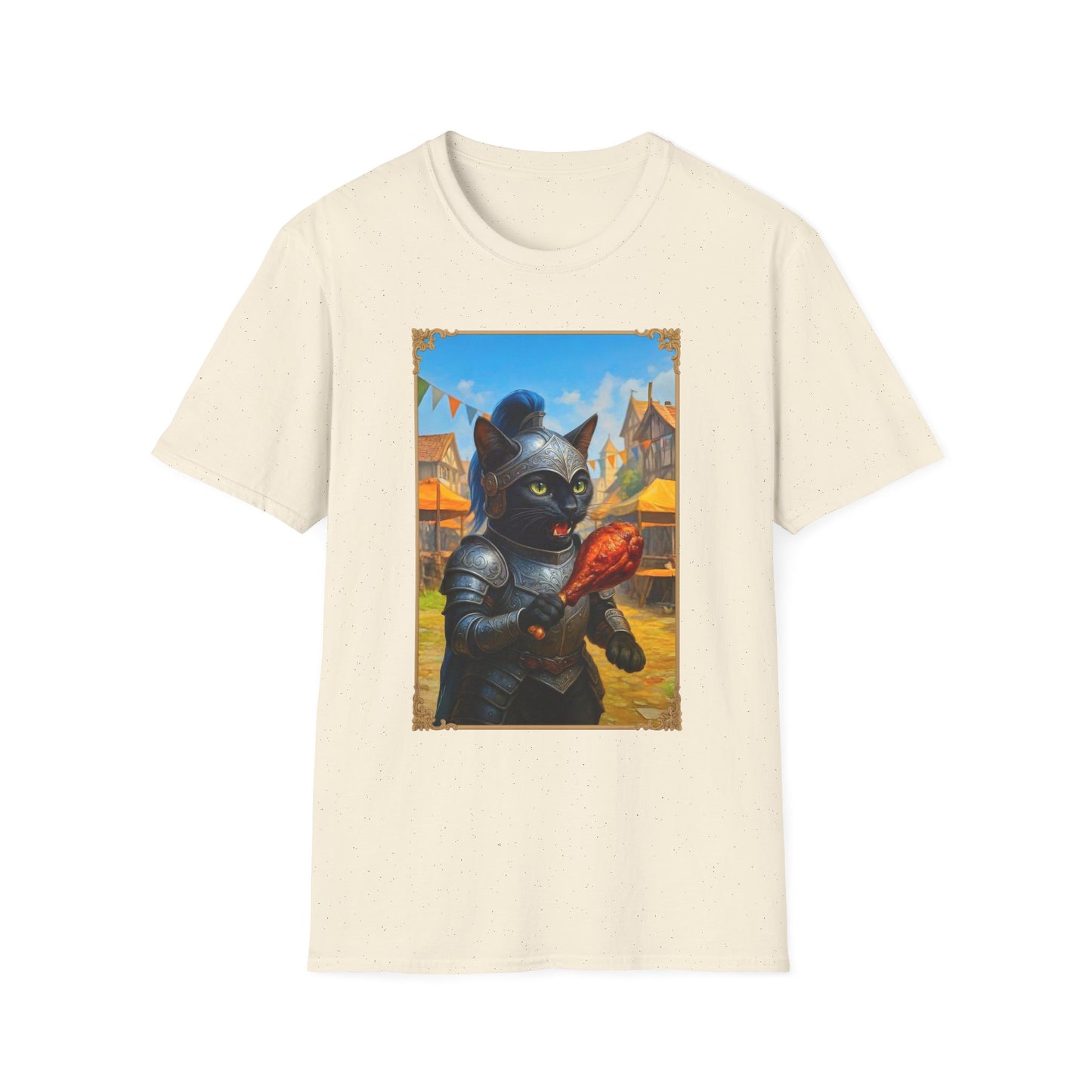 Knight Cat Festival Feast T-Shirt - Medieval Fantasy Cat in Armor Eating Turkey Leg, Renaissance Faire Cat Lover Tee