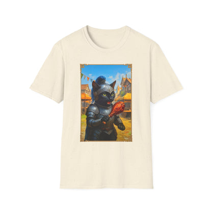 Knight Cat Festival Feast T-Shirt - Medieval Fantasy Cat in Armor Eating Turkey Leg, Renaissance Faire Cat Lover Tee