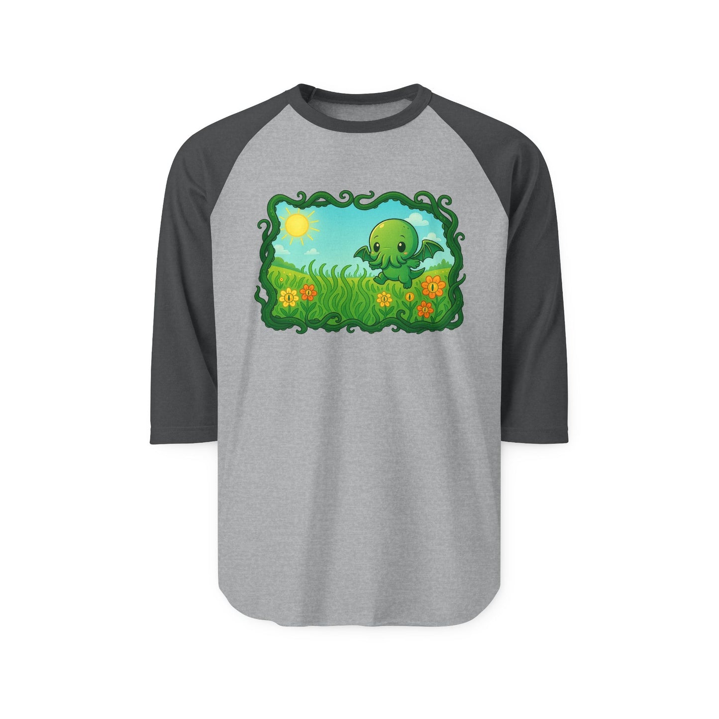 Kawaii Cthulhu Meadow Raglan Tee - Cute Eldritch Floral 3/4 Sleeve Shirt