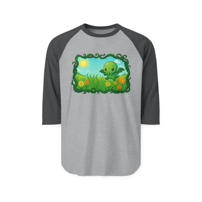 Kawaii Cthulhu Meadow Raglan Tee - Cute Eldritch Floral 3/4 Sleeve Shirt