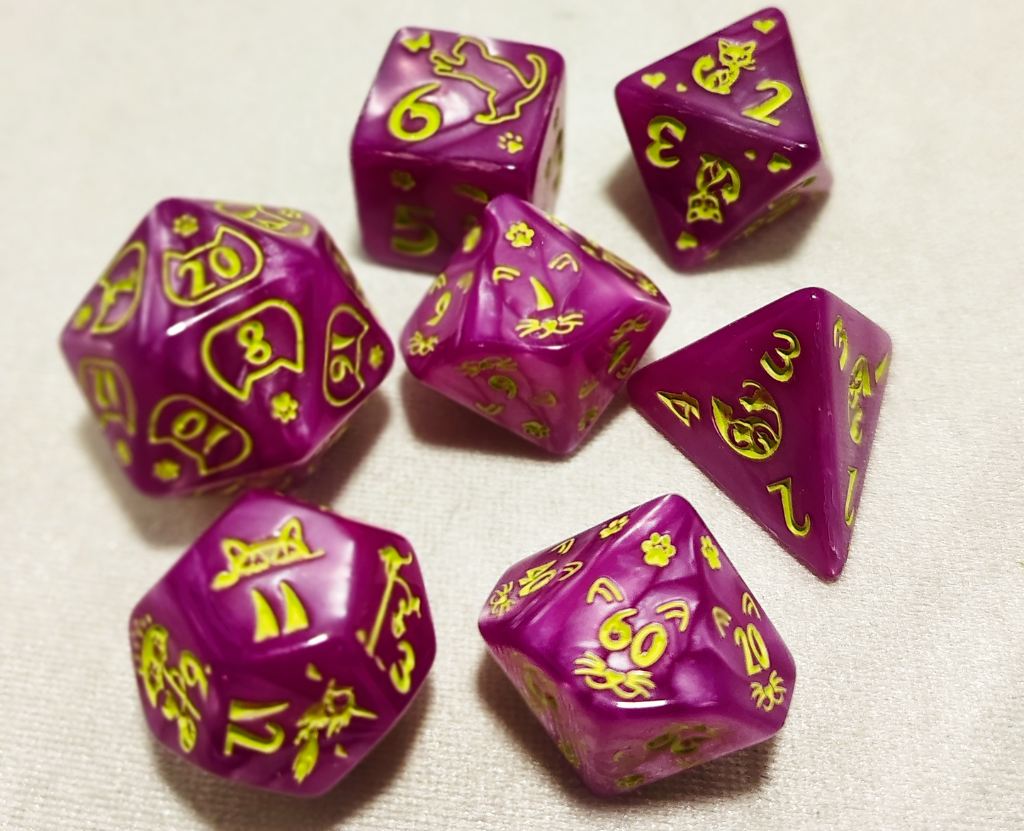 Purple and Green Cat Themed Dice Set
