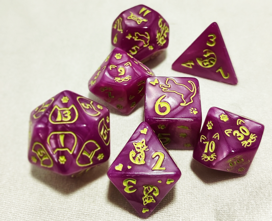 Purple and Green Cat Themed Dice Set