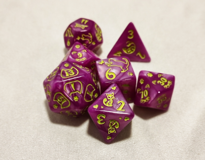 Purple and Green Cat Themed Dice Set