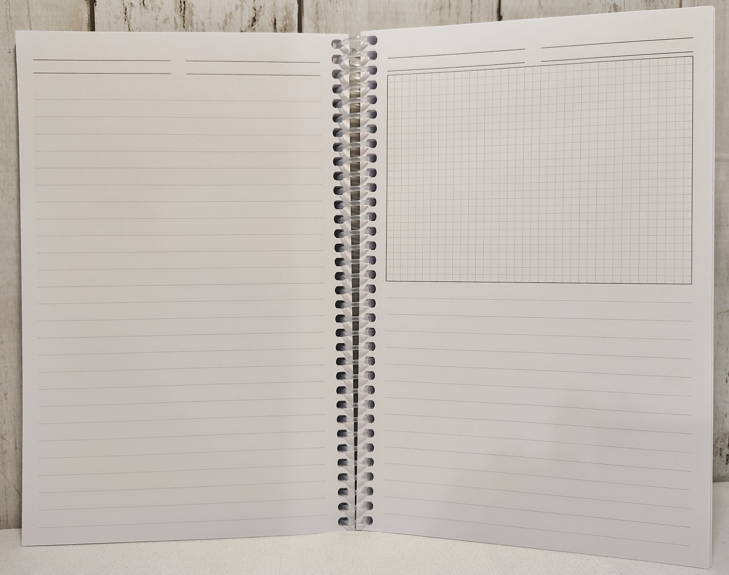 Sample two-page spread: one sheet of ruled paper, and one sheet of half-graph/half-ruled paper, for side-by-side room details and notes.