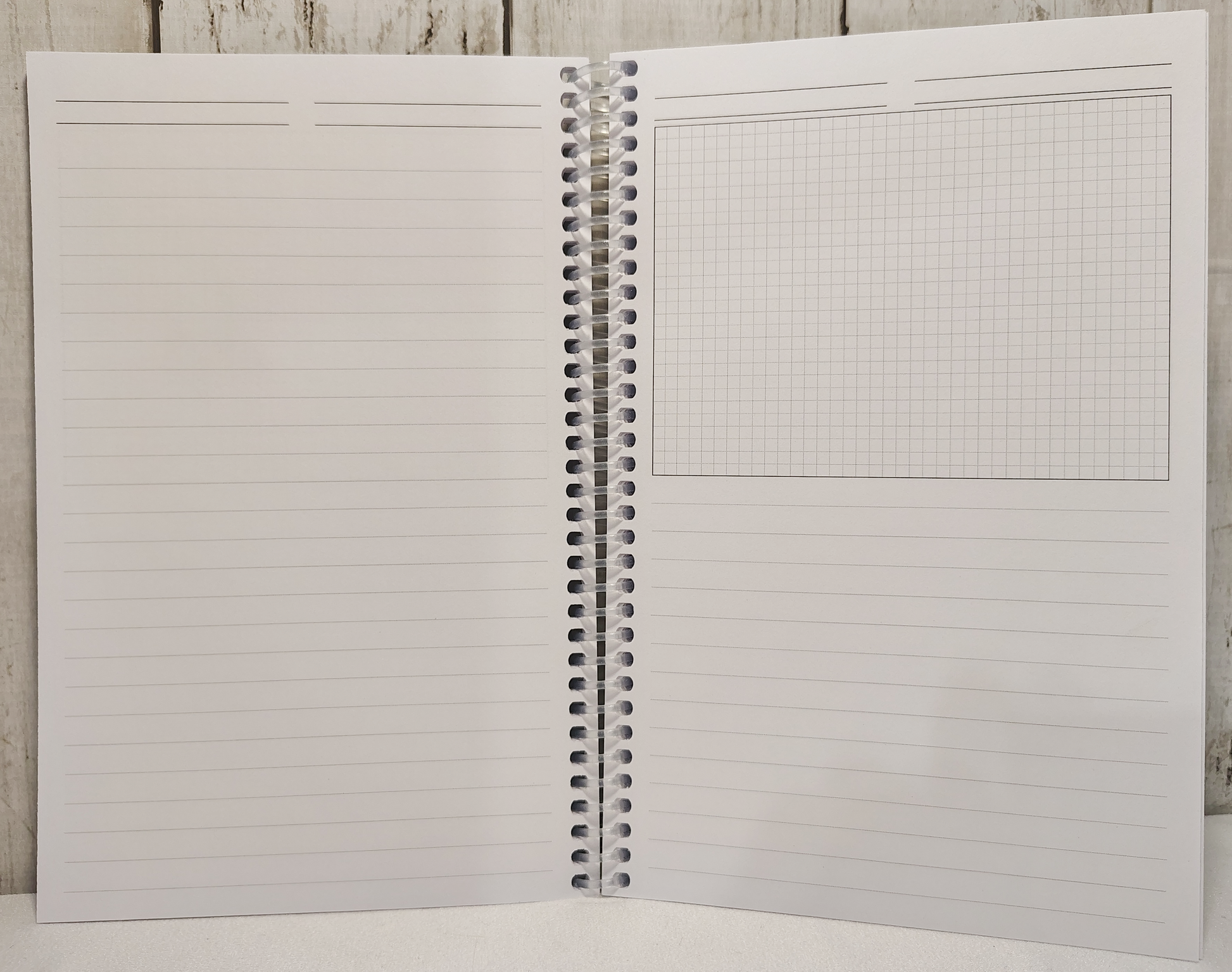 Sample two-page spread: one sheet of ruled paper, and one sheet of half-graph/half-ruled paper, for side-by-side room details and notes.