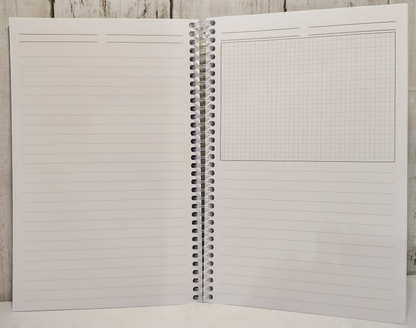 Sample two-page spread: one sheet of ruled paper, and one sheet of half-graph/half-ruled paper, for side-by-side room details and notes.