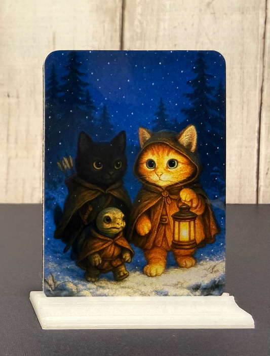 Magnet with illustration of cats and a turtle with a lantern against a night sky background