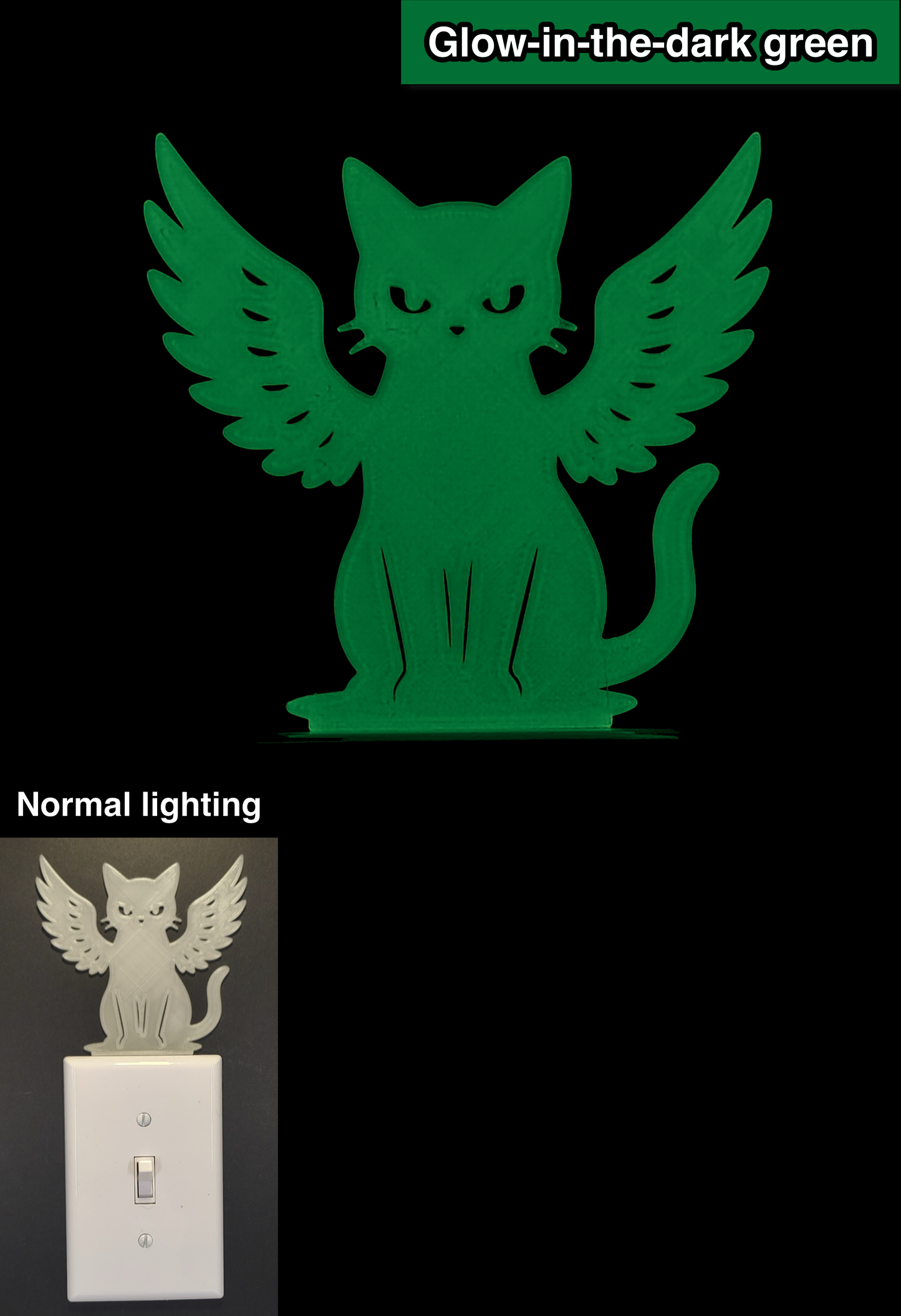 Glowplate light switch finder: glow-in-the-dark green cat with angel wings, shown in normal lighting and glow-in-the-dark conditions.