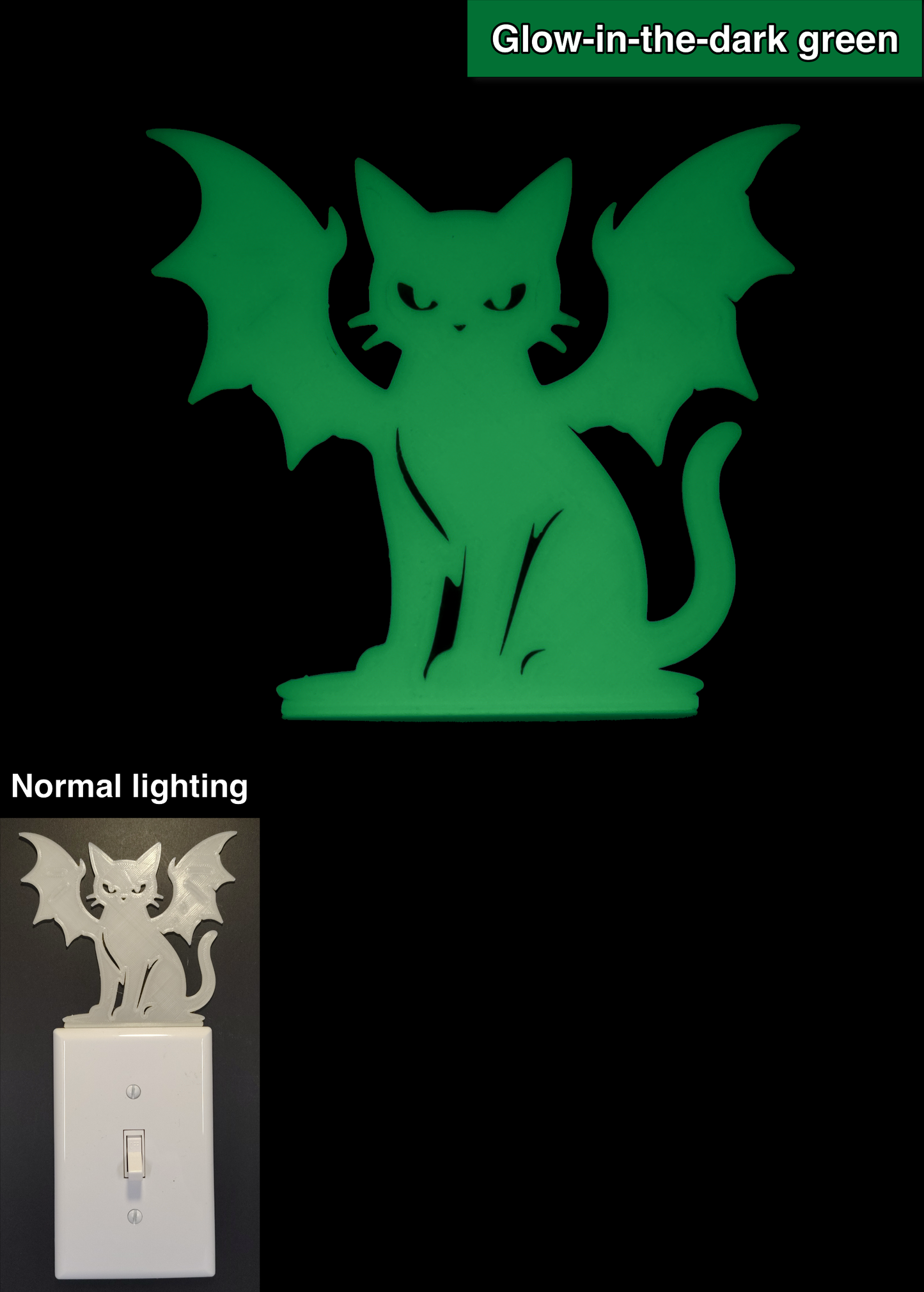 Glowplate light switch finder: glow-in-the-dark green cat with bat wings, shown in normal lighting and glow-in-the-dark conditions.