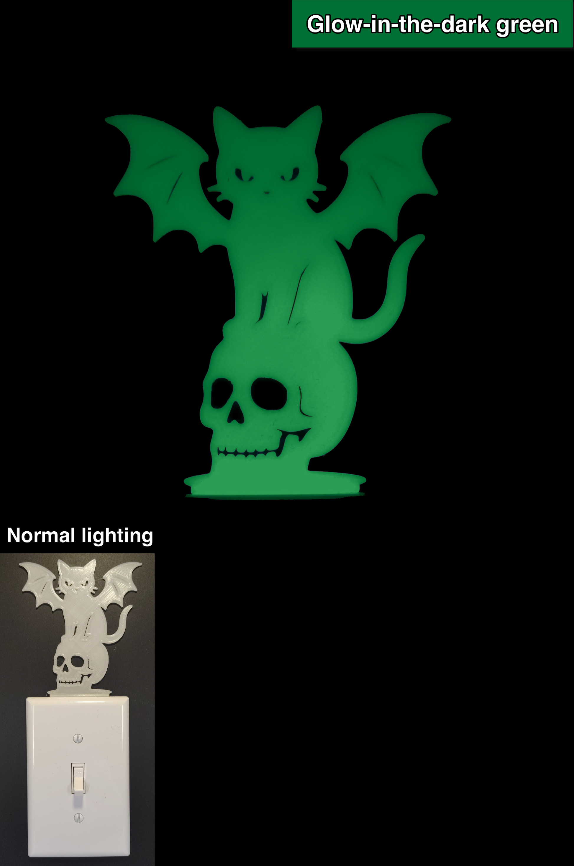 Glowplate light switch finder: glow-in-the-dark green cat with bat wings standing on a skull, shown in normal lighting and glow-in-the-dark conditions.