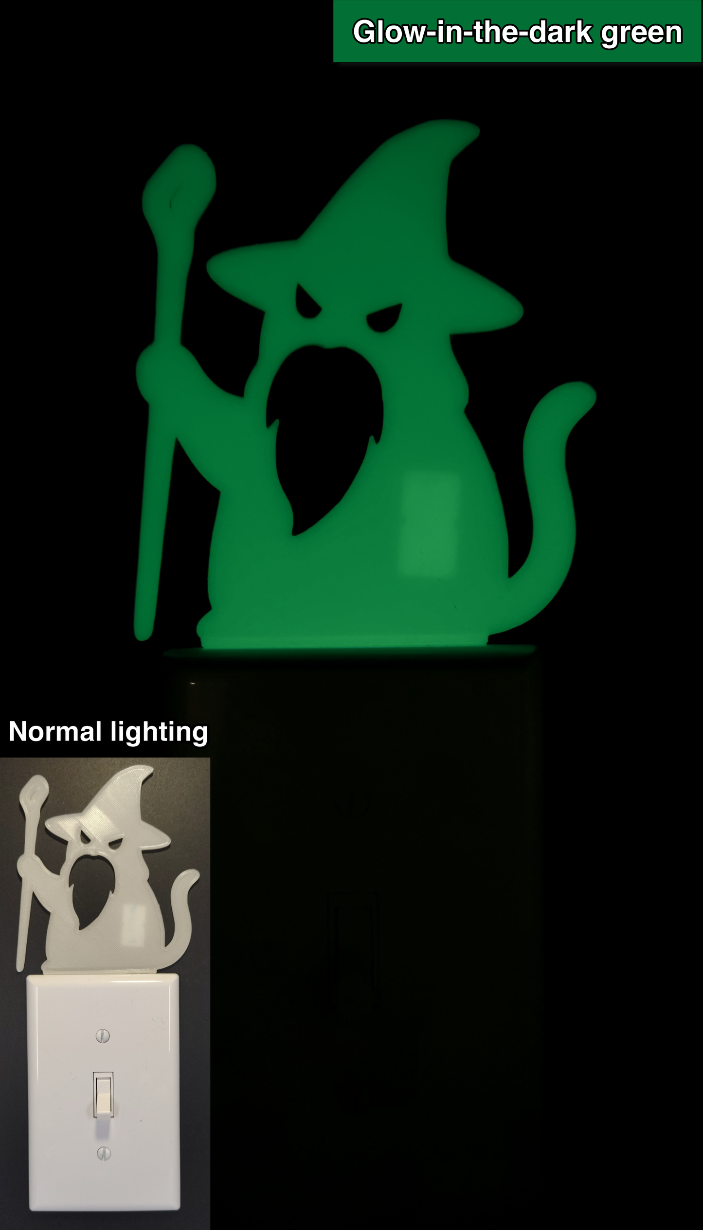 Glowplate light switch finder: glow-in-the-dark green cat wizard with staff, shown in normal lighting and glow-in-the-dark conditions.