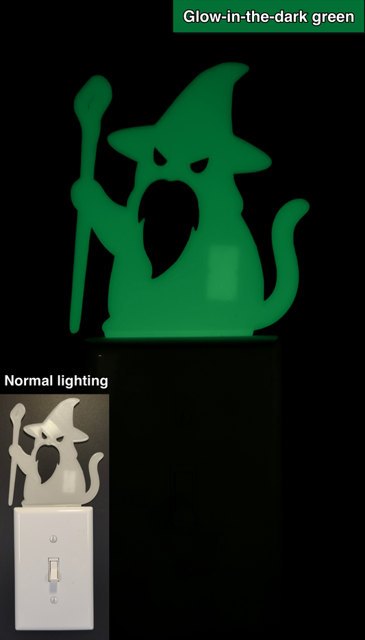 Glowplate light switch finder: glow-in-the-dark green cat wizard with staff, shown in normal lighting and glow-in-the-dark conditions.