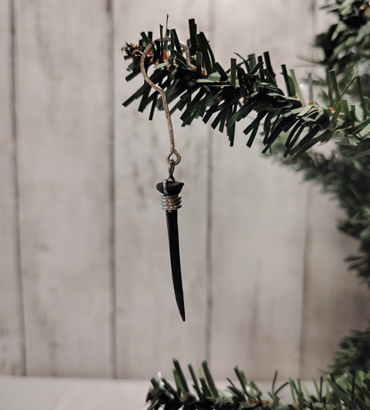 Black coffin nail ornament, hand-wrapped in 18-gauge aluminum wire