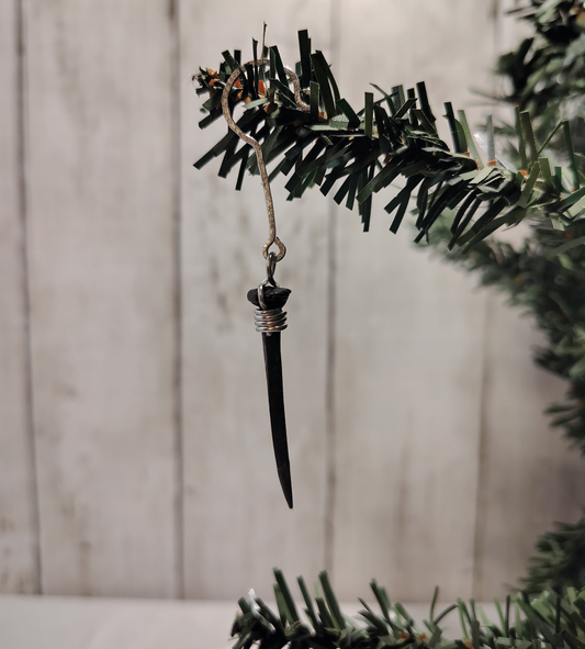 Black coffin nail ornament, hand-wrapped in 18-gauge aluminum wire
