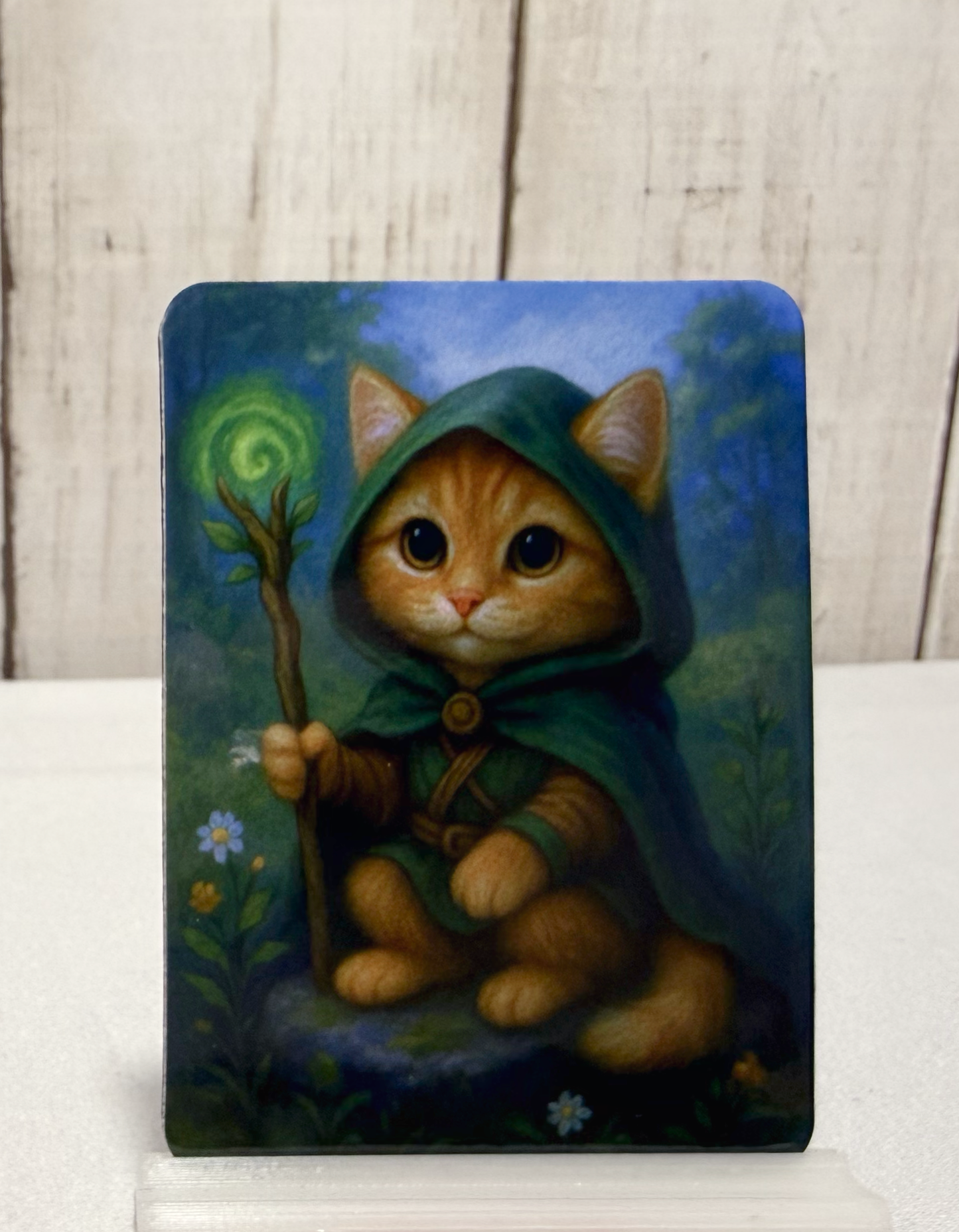 Magnet featuring a druid cat in a green hood holding a staff with a spiral design, surrounded by nature.