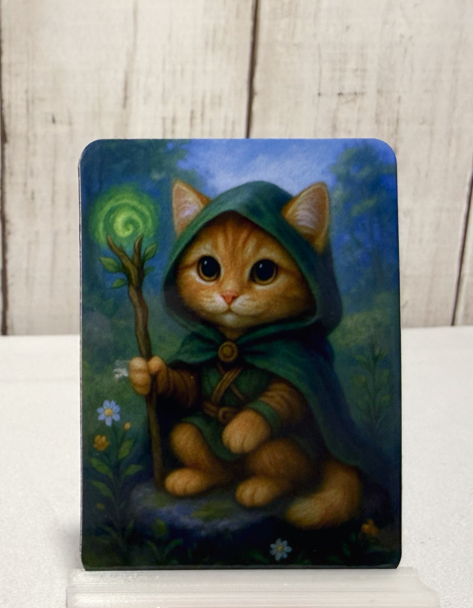 Magnet featuring a druid cat in a green hood holding a staff with a spiral design, surrounded by nature.
