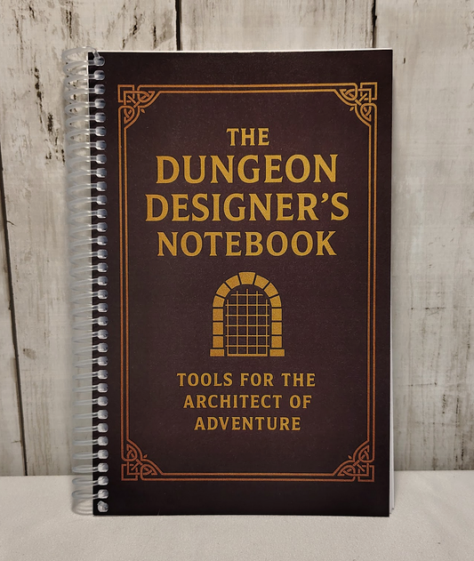 Front view of the Dungeon Designer's Notebook: a compact, spiralbound notebook for TTRPG Dungeon Masters to design dungeons and more.