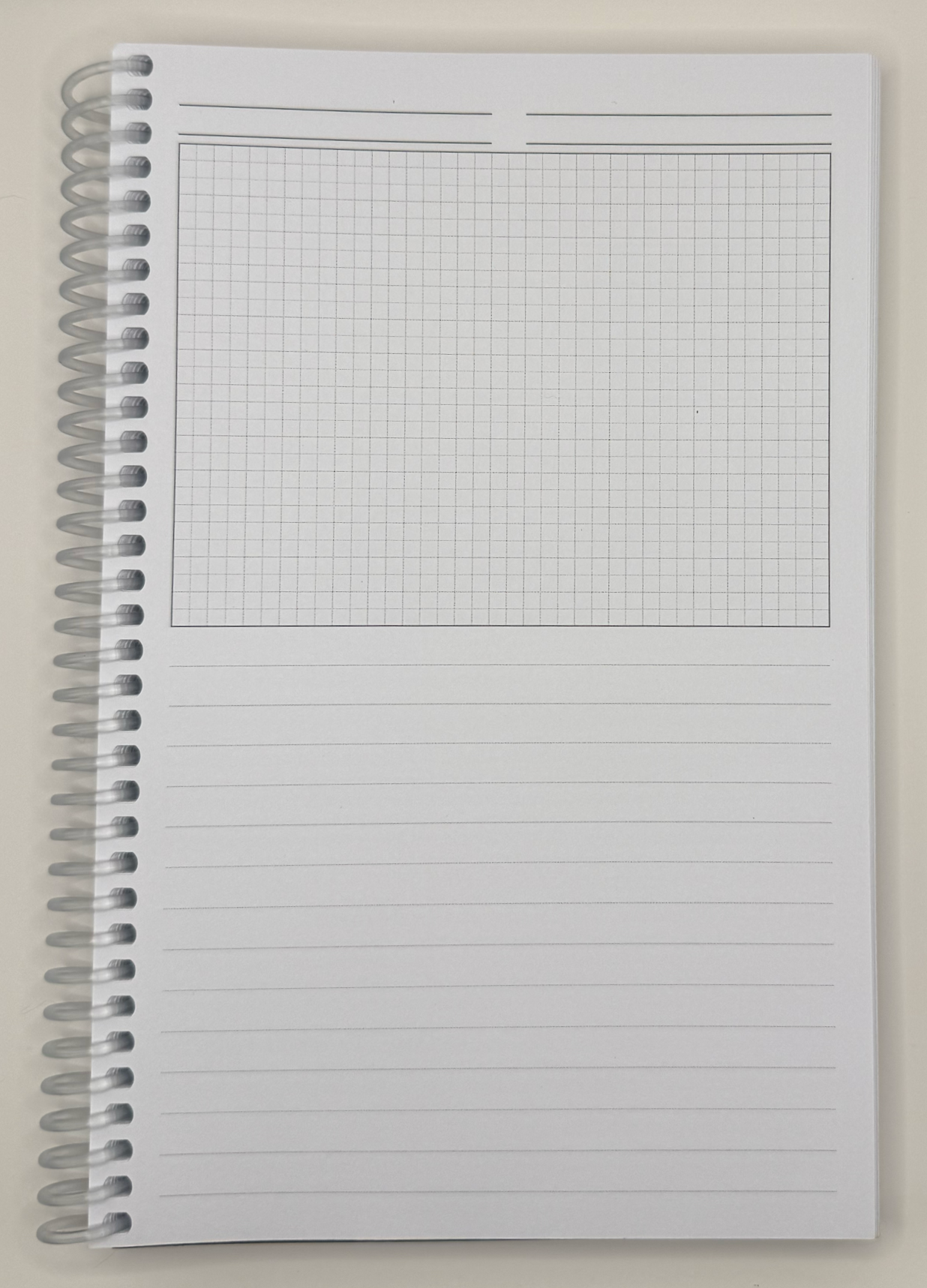 Half-graph, half-ruled paper for side-by-side room details and notes inside the Dungeon Designer's Notebook.