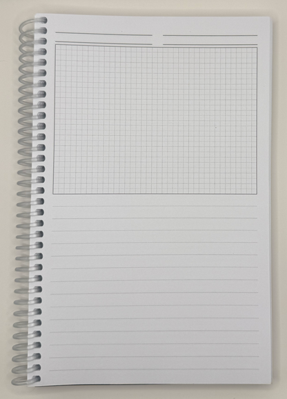 Half-graph, half-ruled paper for side-by-side room details and notes inside the Dungeon Designer's Notebook.