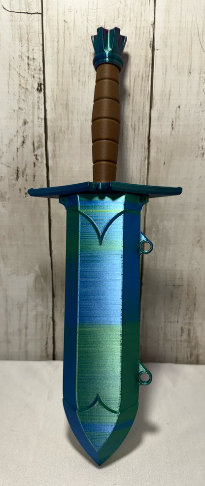 3D-printed dice sword with neon green blade, green pommel, brown handle, and matching sheath.