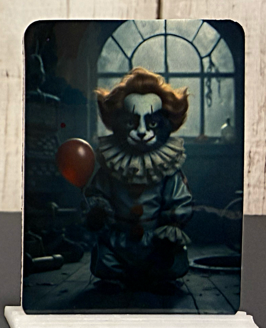 Magnet featuring a creepy clown kitty with a balloon