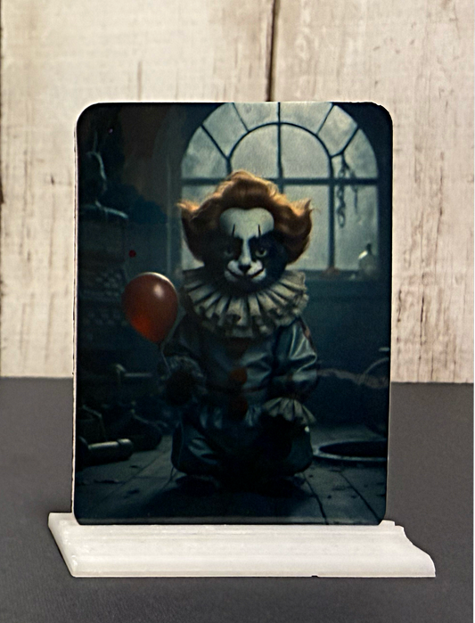 Magnet featuring a creepy clown kitty with a balloon