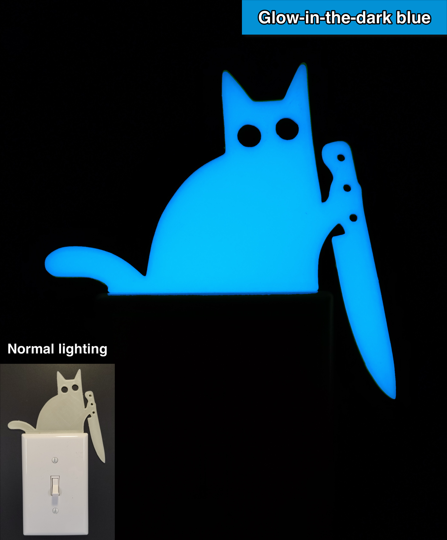 Glowplate light switch finder - glow-in-the-dark blue cat with a knife, shown in normal lighting and glow-in-the-dark conditions.