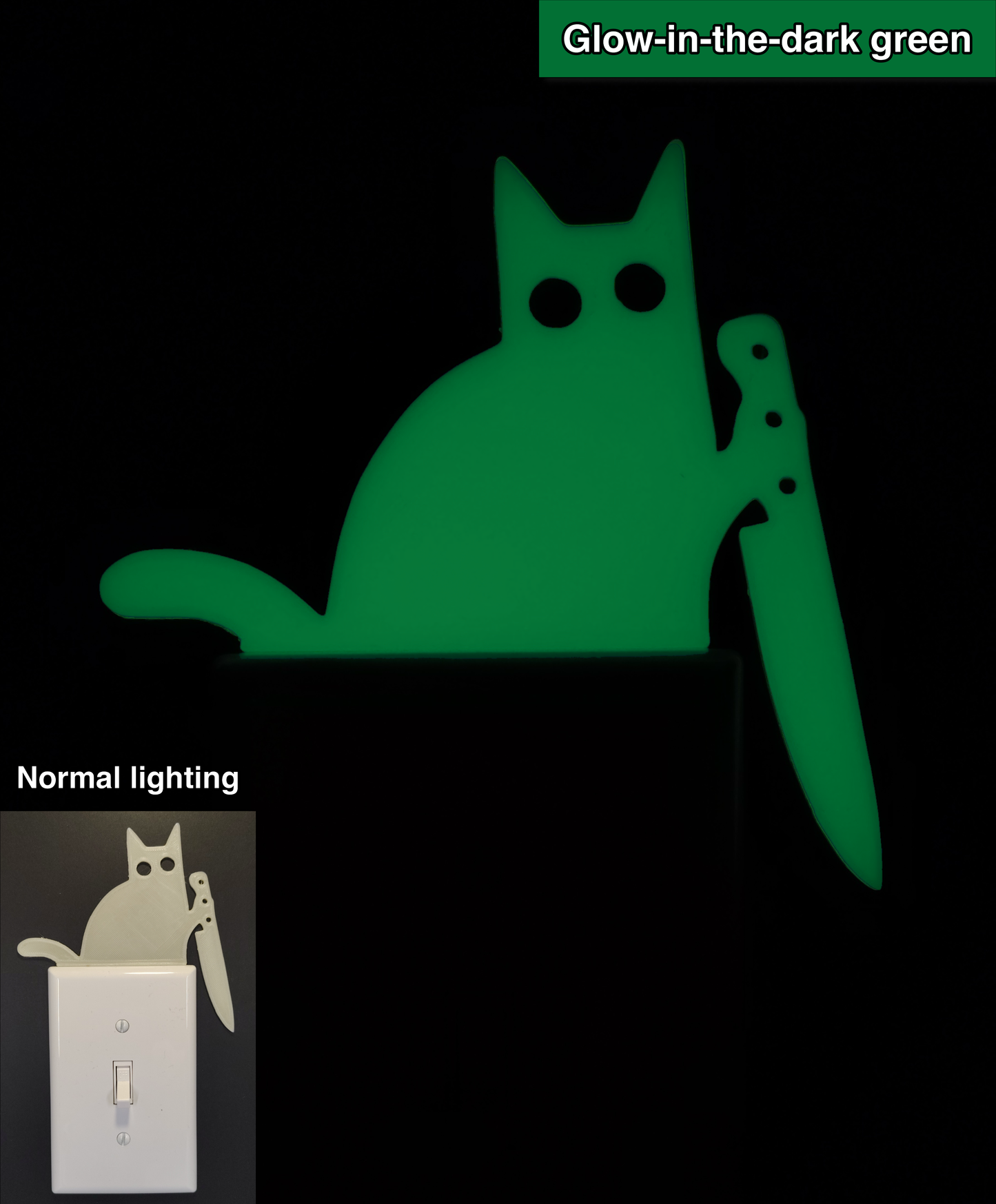 Glowplate light switch finder: glow-in-the-dark green cat with knife, shown in normal lighting and glow-in-the-dark conditions.