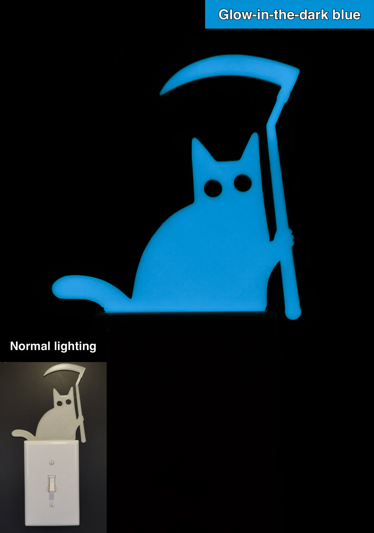 Glowplate light switch finder: glow-in-the-dark blue cat with scythe, shown in normal lighting and glow-in-the-dark conditions.