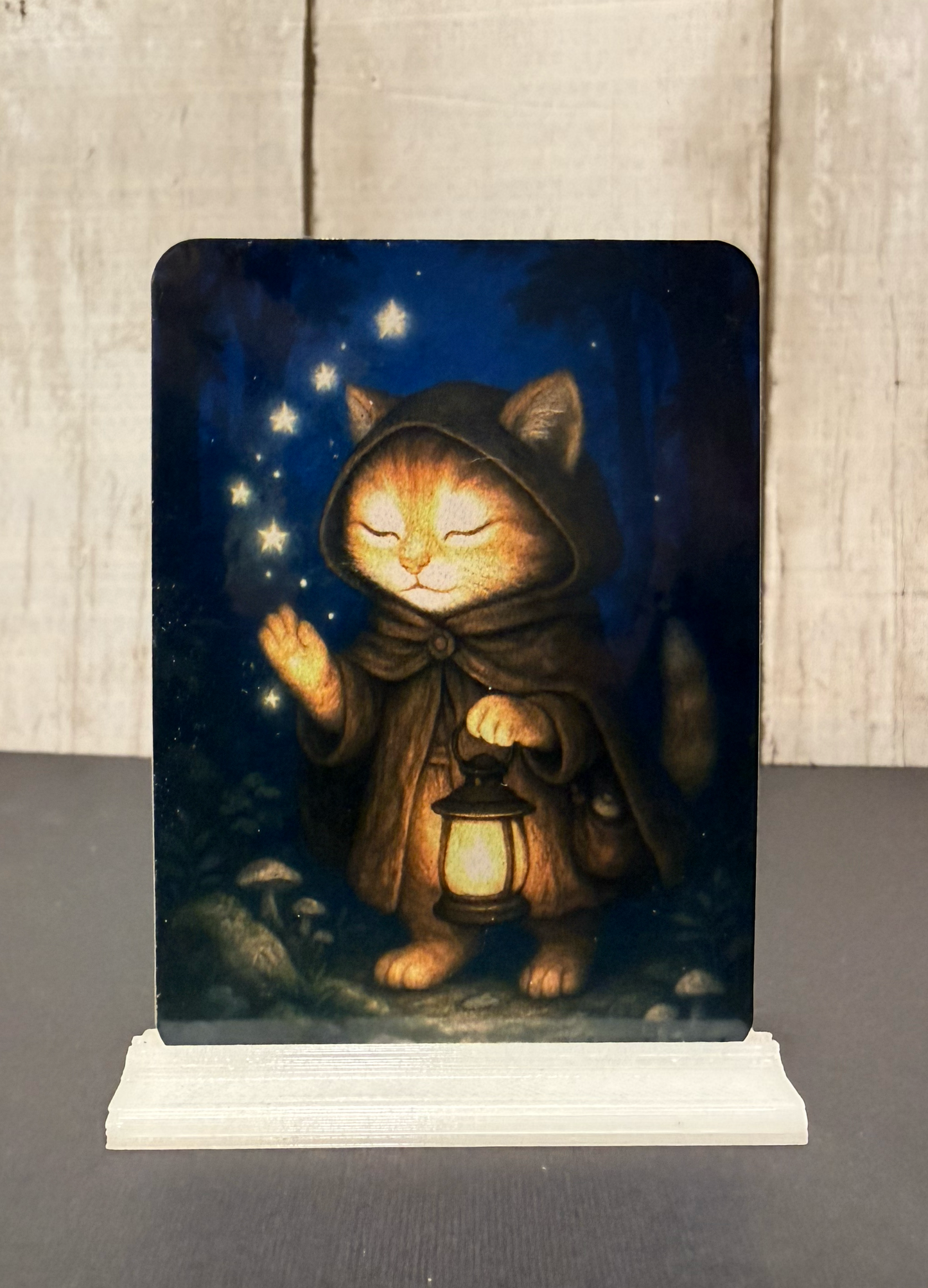 Magnet featuring a cat in a hooded cloak holding a lantern with stars in the background