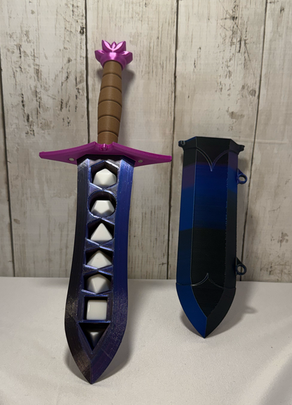 3D-printed dice sword with purple blade, pink pommel, brown handle, and matching sheath.