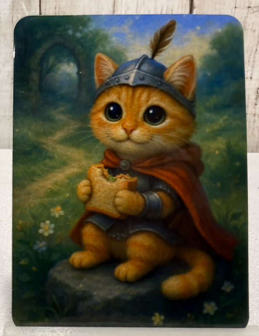 Magnet featuring a kitten in warrior costume holding a shield with a forest background