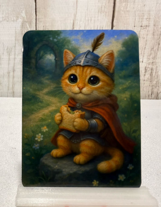 Magnet featuring a kitten in warrior costume holding a shield with a forest background