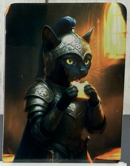 Magnet featuring a black cat in armor holding a sandwich
