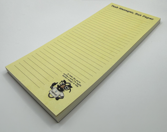 Side view: Task Manager, But Paper lined notepad