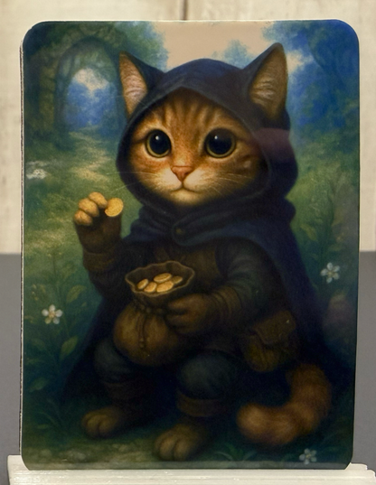 Magnet featuring a thief cat in a hooded cloak holding gold coins