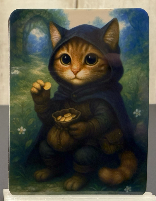 Magnet featuring a thief cat in a hooded cloak holding gold coins