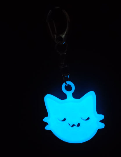 Glowing blue cat-shaped keychain on a black background