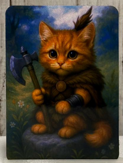 Magnet featuring a purrserker cat holding an axe.