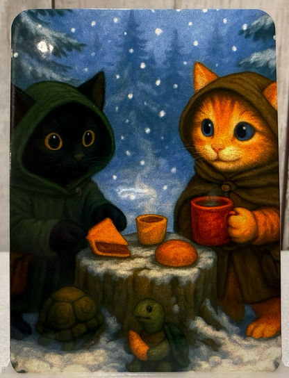 Magnet featuring two adventurer cats and a turtle having a winter picnic.
